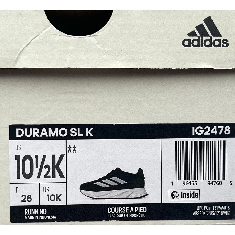 Adidas Duramo SL Little Boys Girls Running Shoes Size 10.5 Black White Sneakers